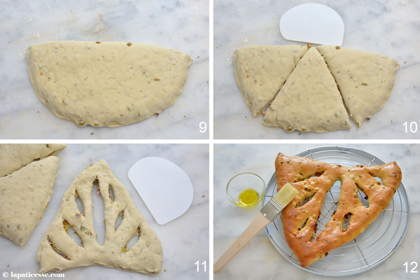 Fougasse à la pistache oder Fougasse mit Pistazien Rezept Zubereitung Fougasse einschneiden