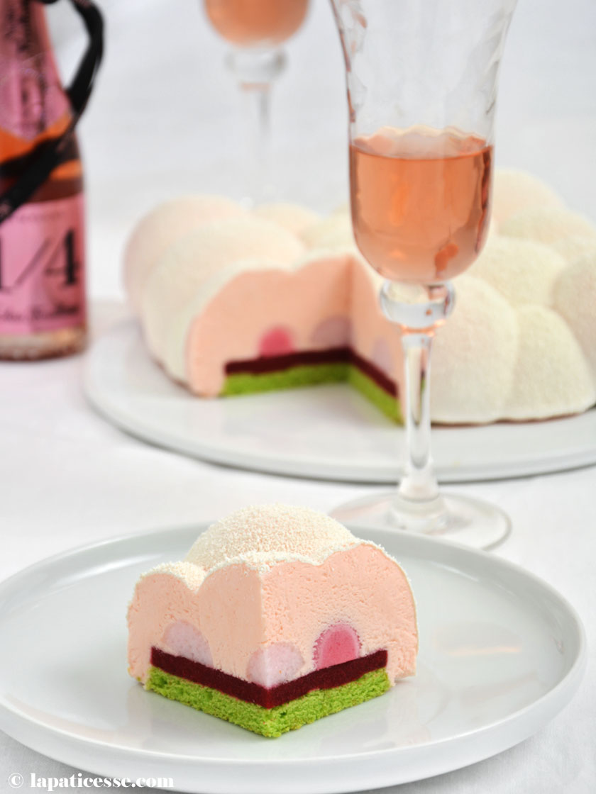 Entremets Nuage d'Ispahan Champagner-Torte Rezept Cloud Silikomart Himbeer Litschi Wolke von Ispahan Anschnitt 2